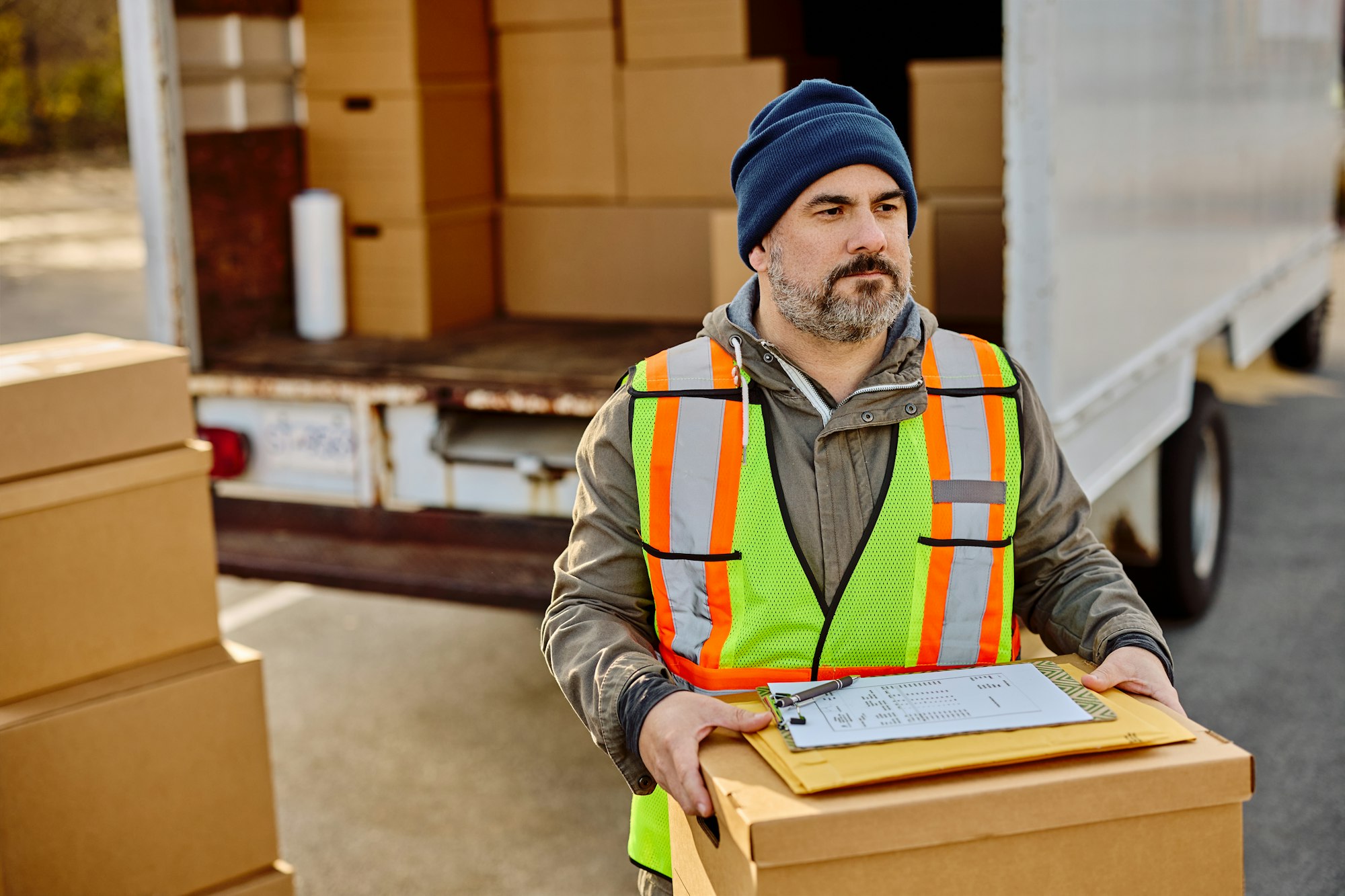 Mid adult delivery man unloading packages out of a truck.